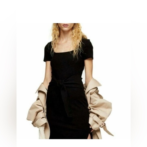 TOPSHOP Black Rib Knit Tie Waist Slit Bodycon Stretch Midi Dress SZ 8 US NWT - Picture 7 of 10